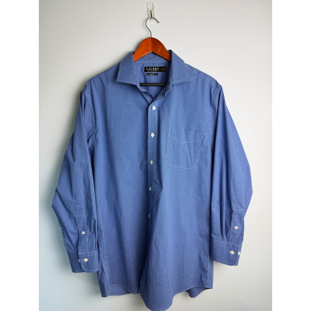 LAUREN RALPH LAUREN Dress Shirt Mens Blue Micro Check Slim Fit 17 32/33